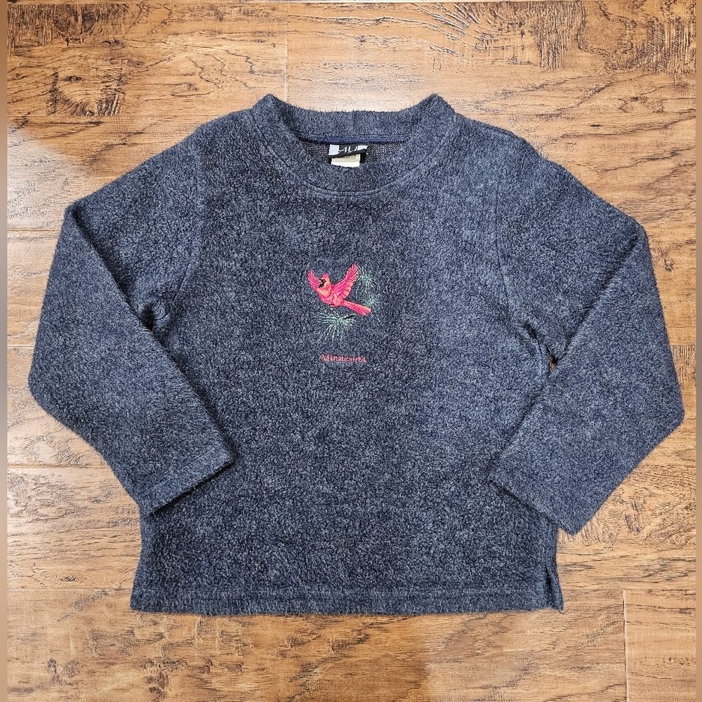 Gray Sweater with Red Bird Embroidery